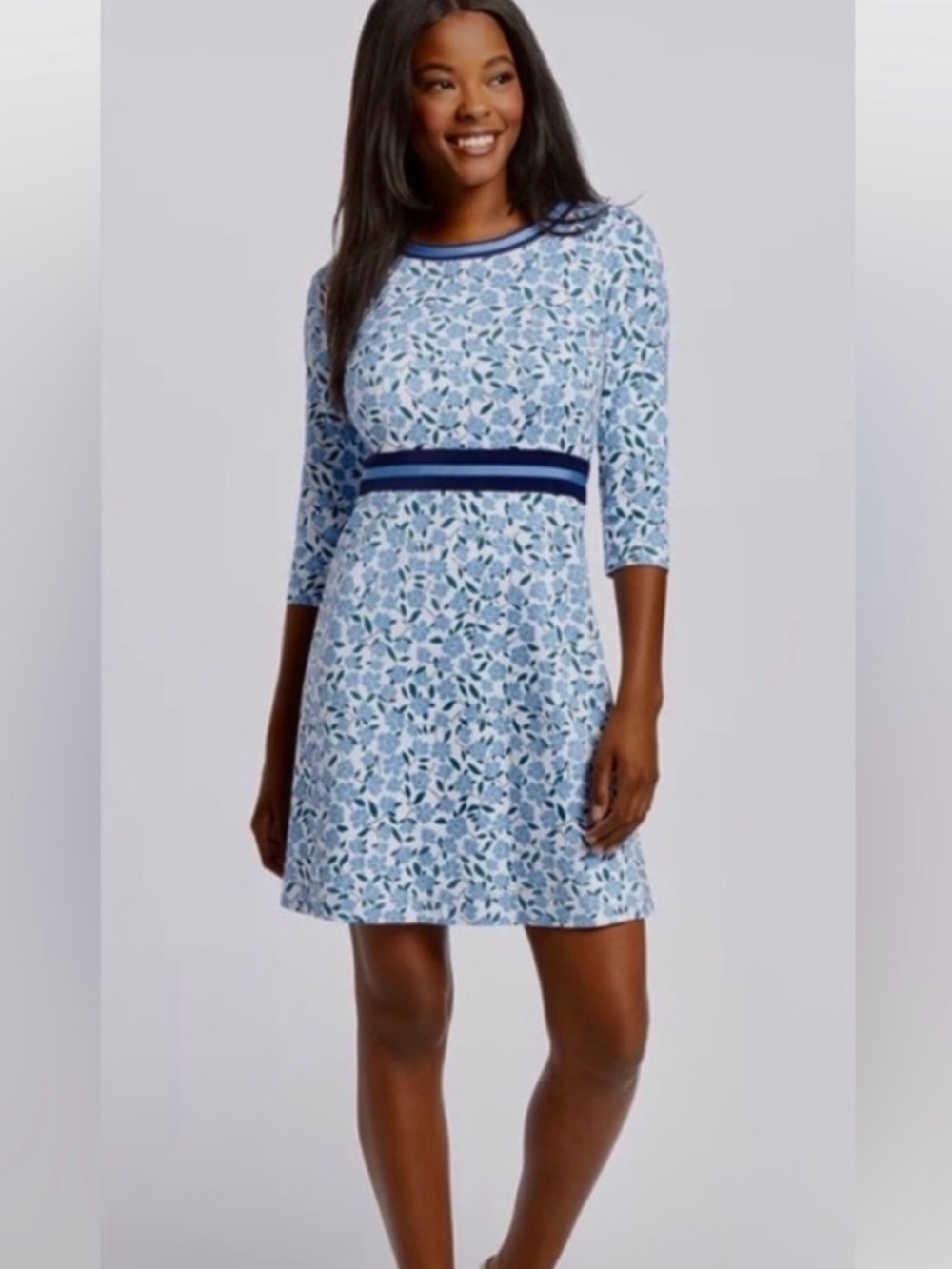 Draper James Blue and White Floral Dress with Navy Trim